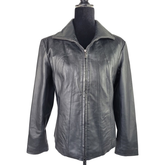 East 5th woman’s black Classic full zip leather jacket size M Petite - Picture 1 of 12